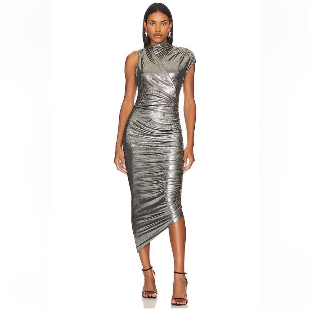 MISHA Revolve chase dress Silver Asymmetrical Ruched Midi metallic As Is S